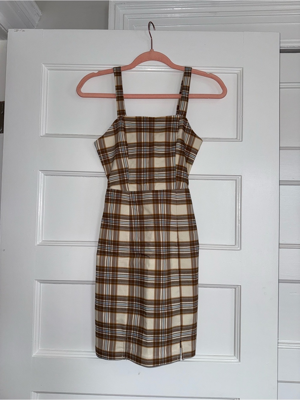 Plaid Square-Neck Midi Dress in Brown and Cream